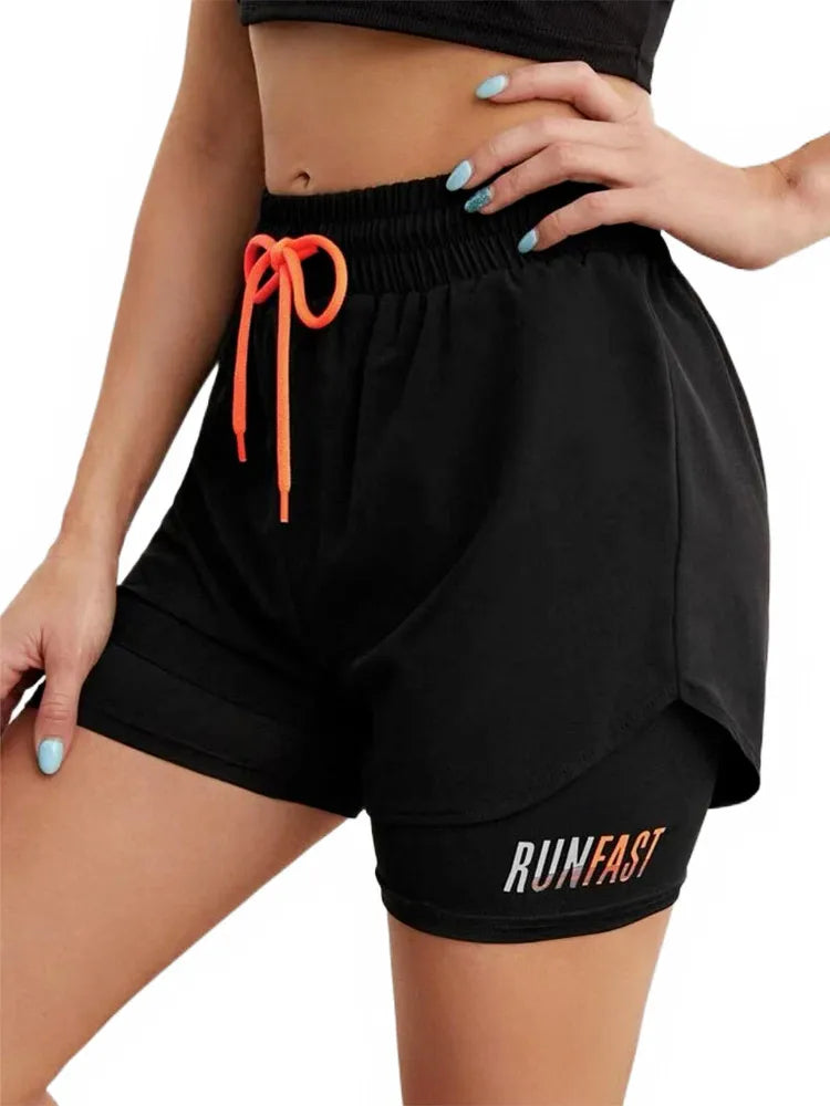 Mermaid Curve Breathable Letter Graphic 2 In 1 Sport Shorts Women Quick Dry Running Short Drawstring Waistband Fitness Hot Pants - reetell