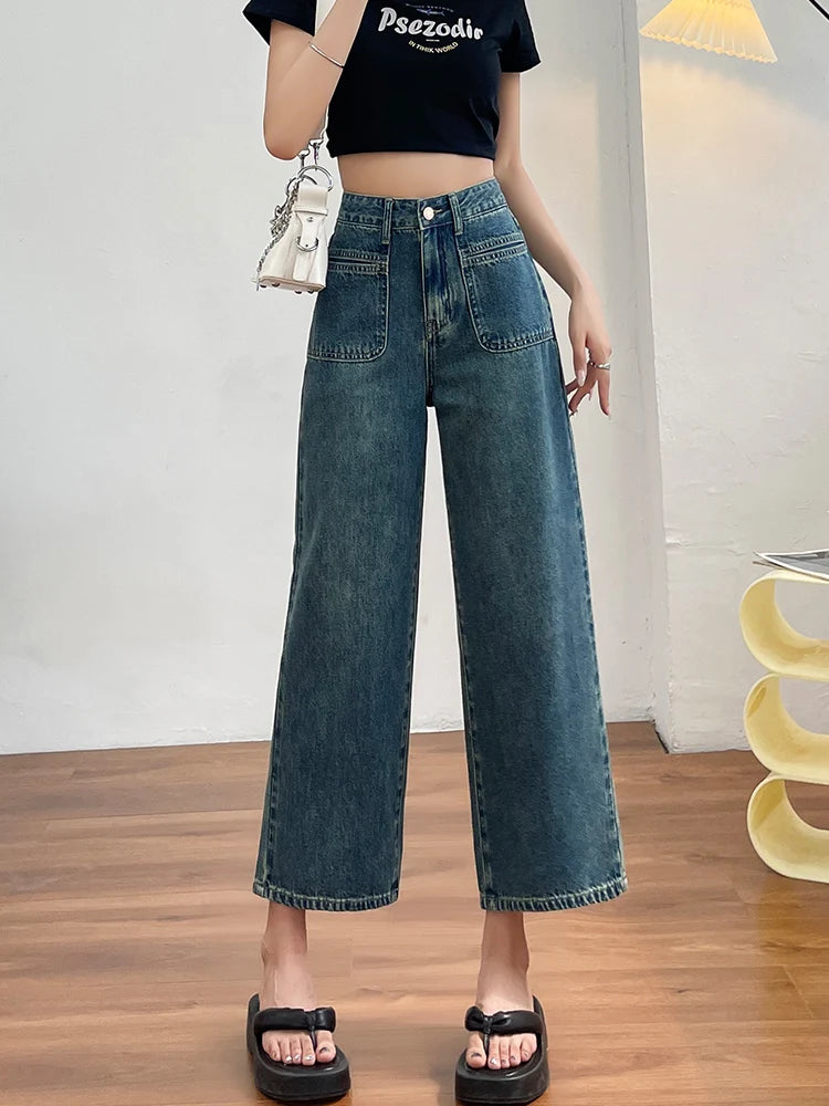 No stretch women jeans new straight leg wide streetwear high waist boyfriend pockets denim trousers cargo pants japanese y2k - reetell