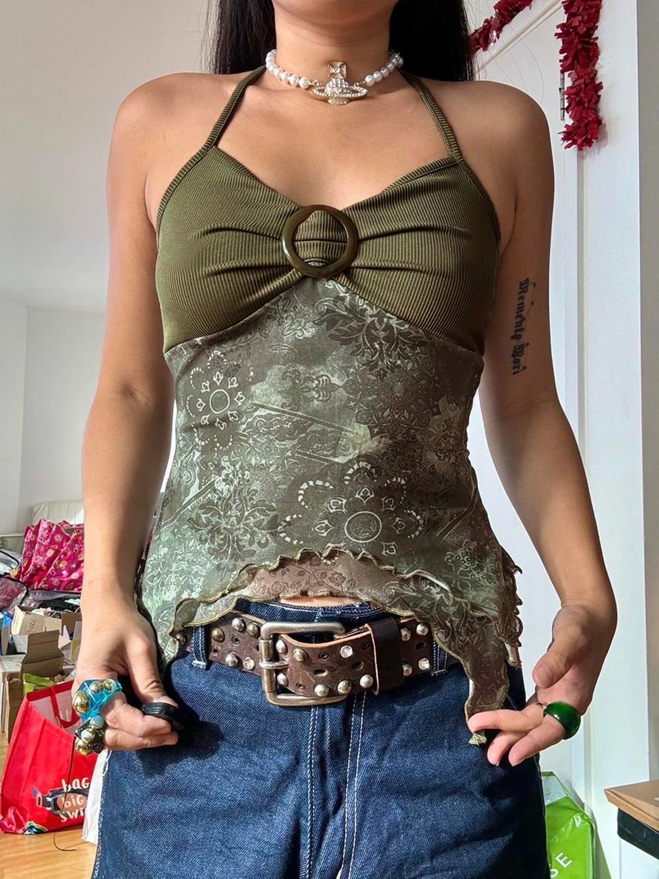 Sweetown Retro Forest Green Vintage Print Boho Y2K Camisole Backless Halter Tie Asymmetrical Tops Women Summer Vacation Clothing - reetell