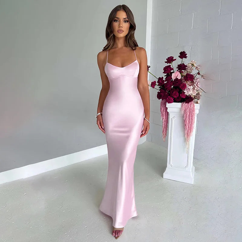 Summer Long Dress Women Evening Dresses Fashion Sexy Club Party Dresses Suspender Satin Dress Backless Strappy Waist Long Skirt - reetell