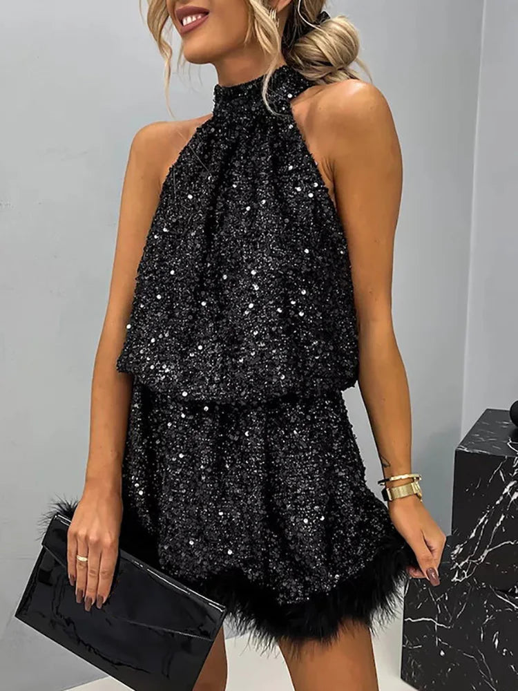 Sleeveless Sequin Sweet Holiday Dress, Summer Women Loungewear Halter Patchwork Party Dress, 2023 New Loose Lace-Up Ladies Dress - reetell