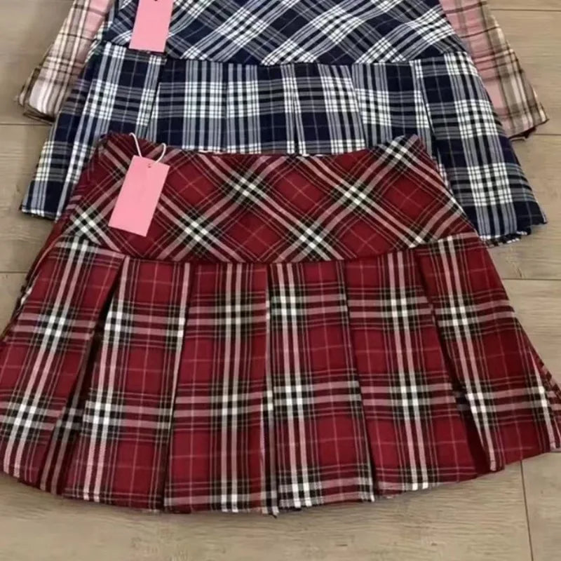 Pink Women's Plaid Patchwork Skirts Preppy Sweet Temperament Skirt Pleated High Waist Mujer Faldas Casual Office Lady Falda - reetell