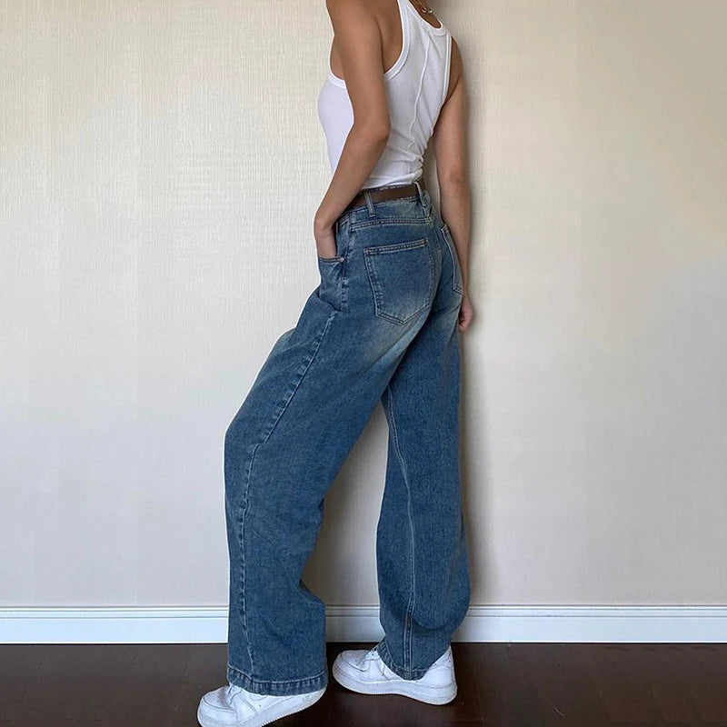 Rimocy 2024 Dark Blue Baggy Jeans Women Grunge Y2K High Waist Wide Leg Denim Trousers Woman Fashion Boyfriend Mom Pants Female - reetell