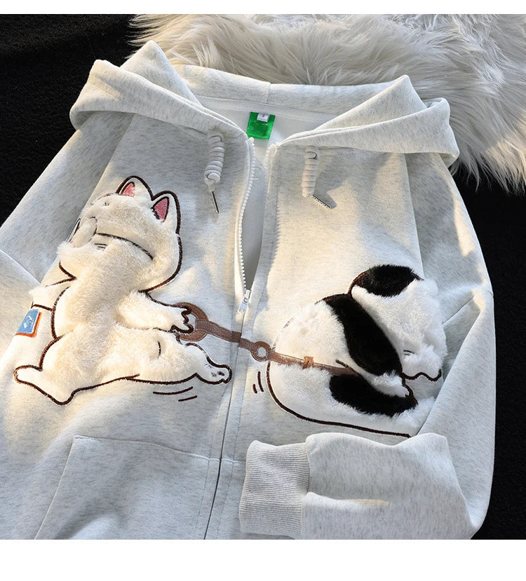 Korean New Design Embroidery Cartoon Hooded Coat Autumn Winter Cat Print Zip Up Women Man Hoodies Streetwear Couples Clothes Top - reetell