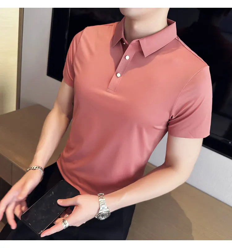 Ice Silk Traceless T-shirt Men's  Business Casual Solid Color Half Sleeve High Elasticity Top Silk Smooth Breathable POLO Shirt