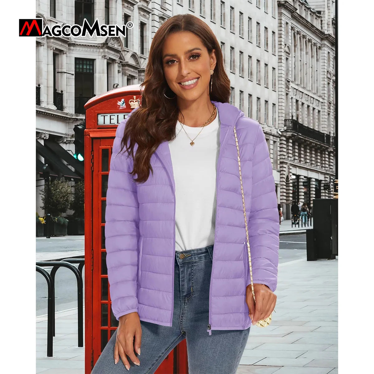 MAGCOMSEN Women‘s Lightweight Hooded Puffer Jacket Full Zip Windbreaker Waterproof Quilted Down Coat Winter Warm Outerwear