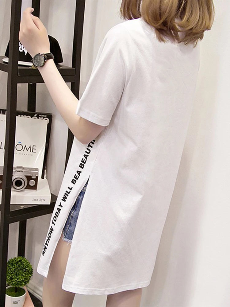 WONDERFUL DAY Print Long T shirts Summer Women Loose Slit Femme Tops Cotton Tshirt Short sleeve Ladies t-shirt - reetell