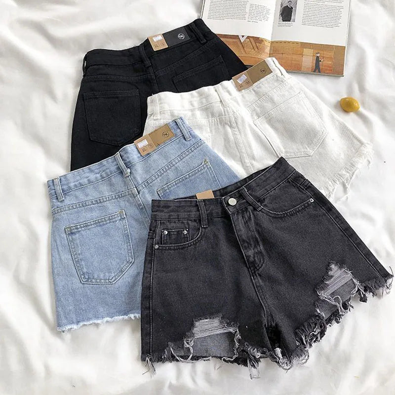 Lucyever Summer Denim Shorts Women Korean Fashion Ripped Holes High Waist Short Jeans Female Casual Street Wide Leg Short Pants - reetell