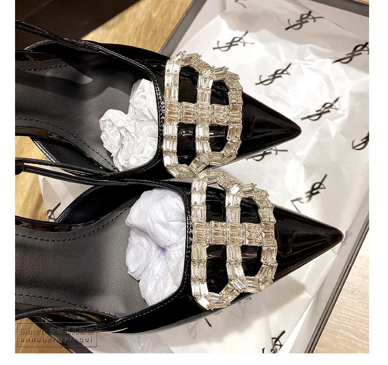 2024 New Pointed Black High Heels, Women's Thin Heels, Water Diamonds, One Line with Baotou Sandals and Button Single Shoes - reetell