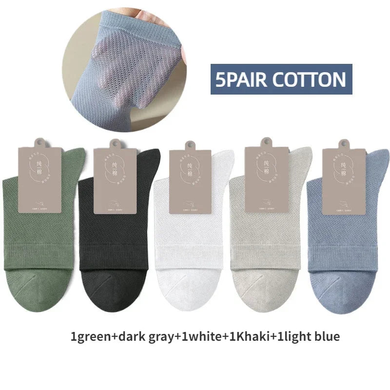 5 Pairs Men High Quality 96% Pure Cotton Socks Antibiosis Business Deodorant Sock Mesh Breathable Male Solid Color Casual Summer