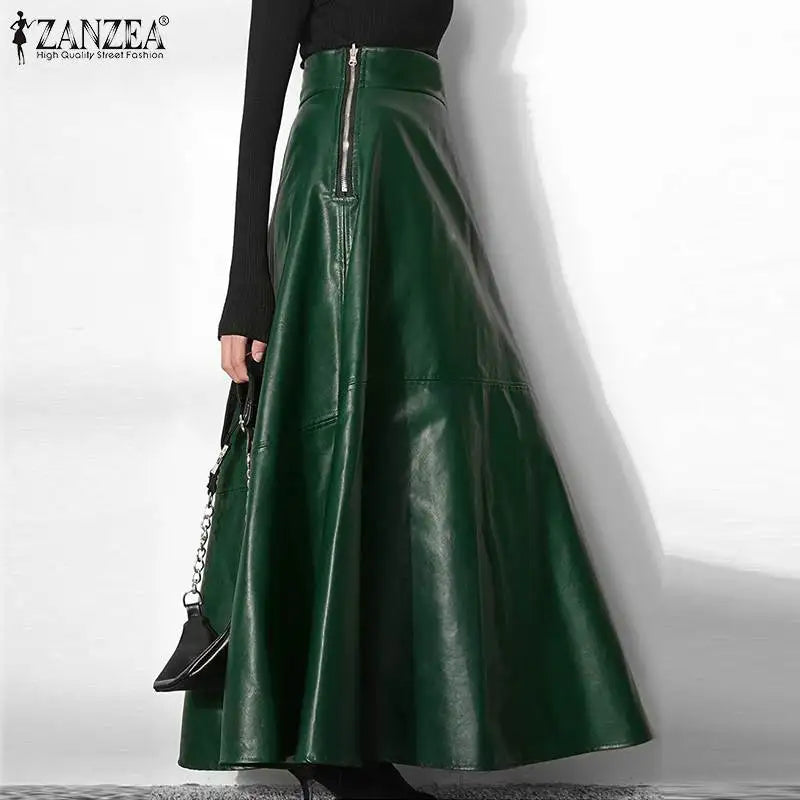 2023 Fashion Solid Mujer Faldas ZANZEA PU Leather Maxi Skirts Women's Elegant OL Long Saias Casual High Waist Zipper Jupe Femme - reetell