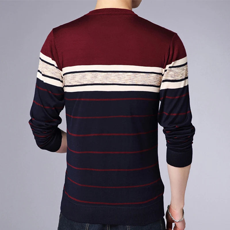 Men's Casual Striped Knit Spring and Autumn Long Sleeved Pullover Fashion Top - reetell