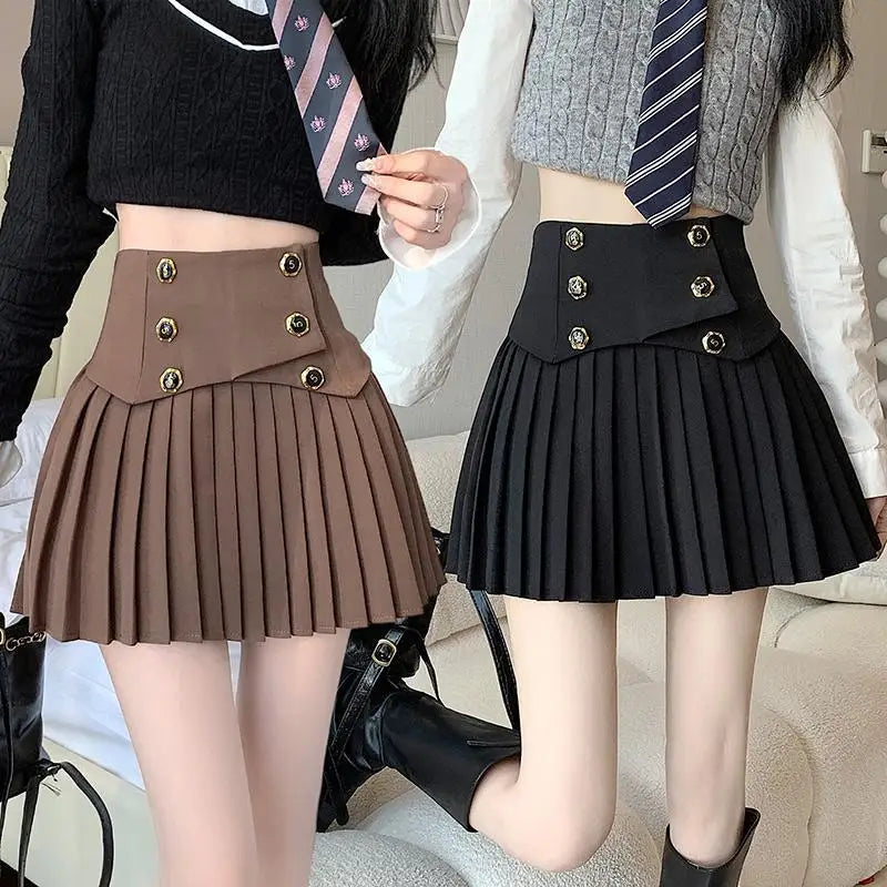 Pleated Skirt New Spring Autumn All-match Buttons Solid Color High Waist A-line Skirt Femme Preppy Style Pleated Trend Skirts - reetell