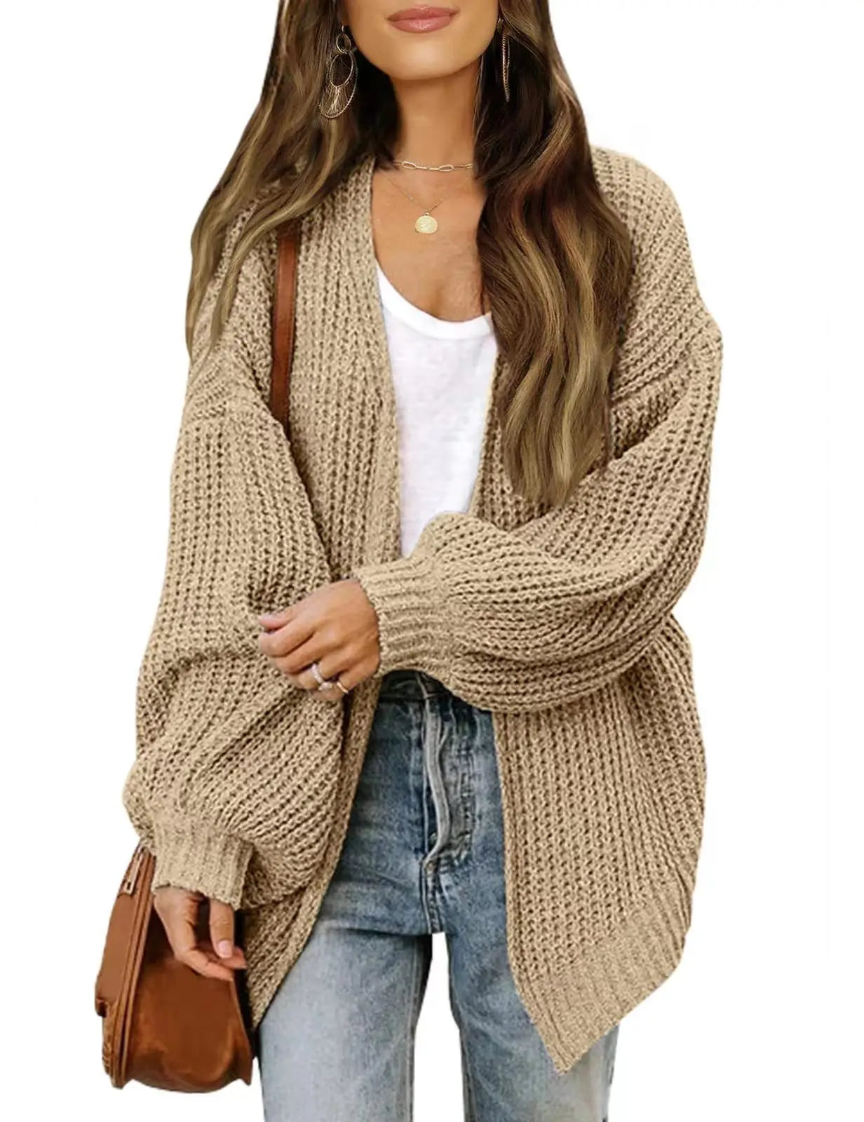 HELIAR Women Solid Cardigan Sweater Coat Loose Casual Lantern Sleeve Jacket Knitted Coat For Women 2024 Autumn And Winter - reetell