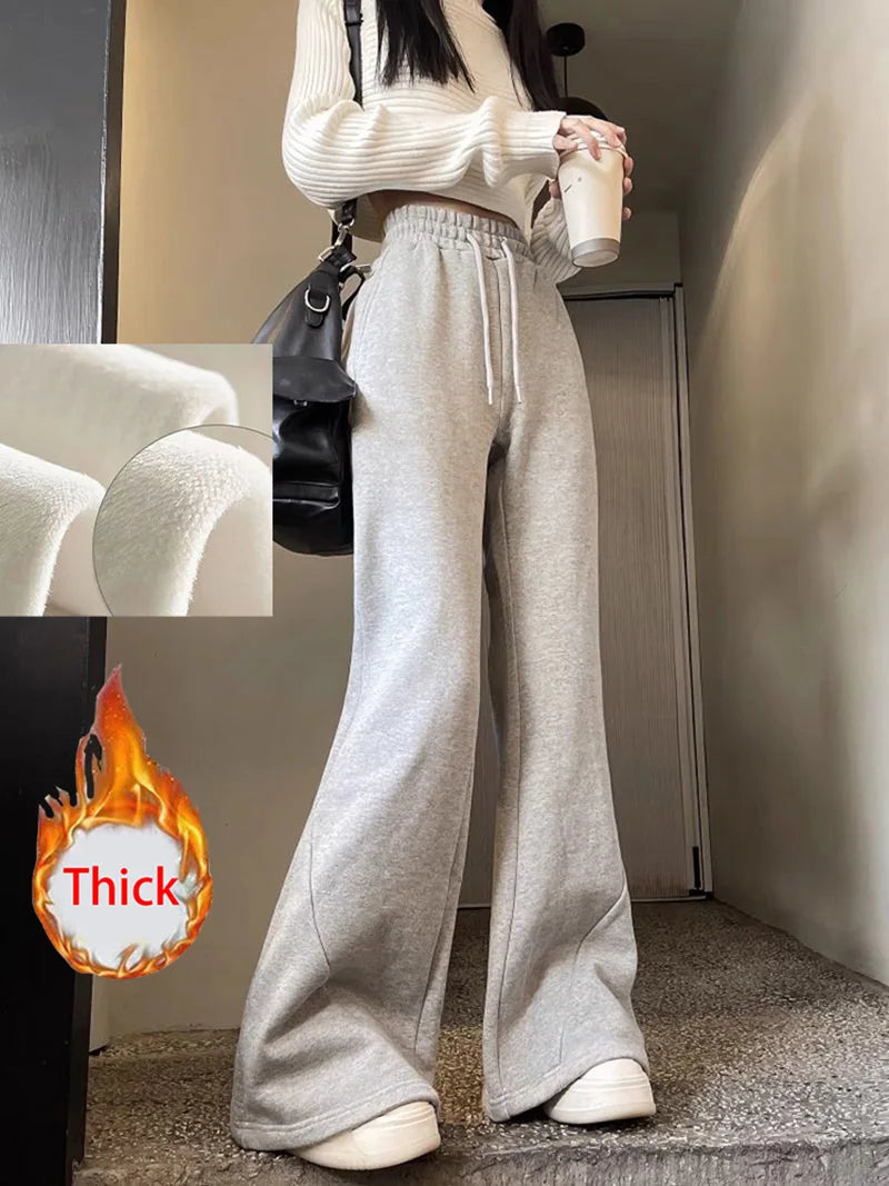 Zoki Korean Winter Thick Flare Pants Women Casual High Waist M-3Xl Grey Trousers Lace Up New Pockets Loose Streetwear Sweatpants - reetell