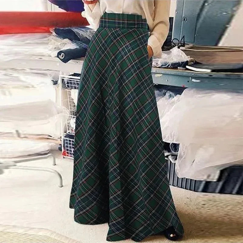 Autumn Winter Women Skirt Korean Style Retro Plaid A-line Skirt Fashion Loose High Waist Stretch Party Long Skirt S-5XL(UK 8-24) - reetell