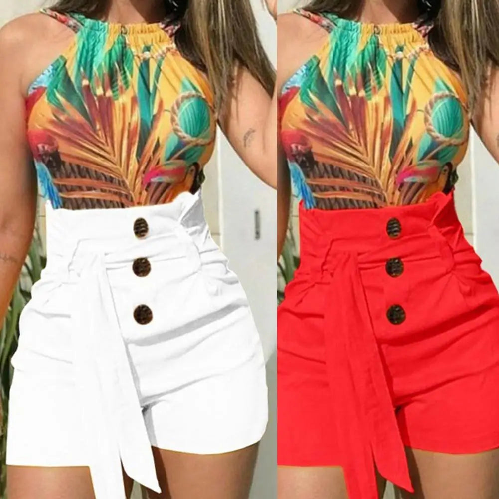 Summer Women's Short High Waist Casual Solid Hot Skinny Shorts Black Red White Yellow Shorts Jeans Belt Design Slim Shorts - reetell