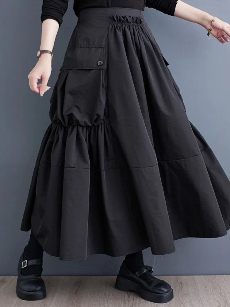 Oversized Spring Autumn Cargo Midi Skirt Women Elastic High Waist Fashion Ruffle Pleated Ladies Skirts Loose Casual Woman Skirt - reetell