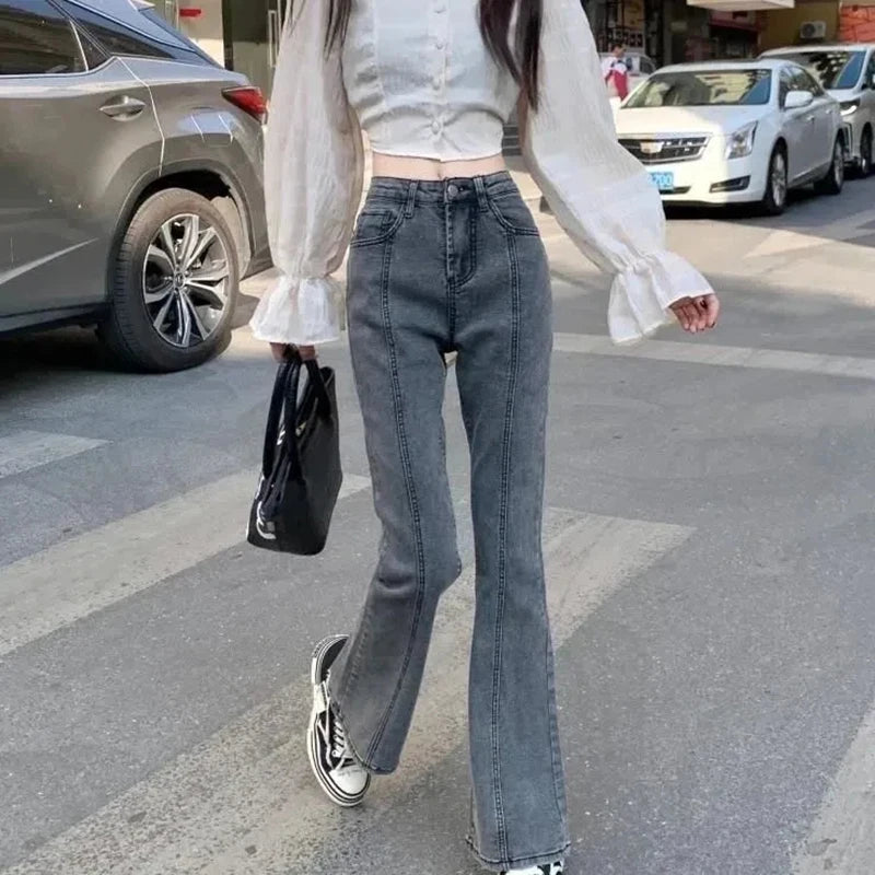 Vintage High Waist Flare Jeans High Street Women Boot Cut Denim Pant Slim Loose Korean Casual Button Up Zippers Gray Trousers - reetell