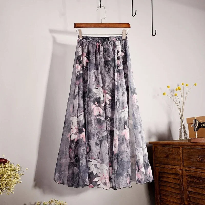 Vintage Bohemian Long Skirts Women Elegant Chiffon Saia Harajuku Beach High Waist Long Skirt Woman Clothes Faldas Tutu Vestidos - reetell