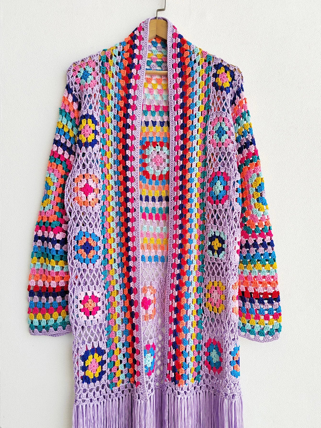 Women's Cardigan Handmade Crochet Beach Cover Up Coat Loose and Irregular Tassel Shirt Tie Up Mixed Color Pure Hand Hook Jackets - reetell