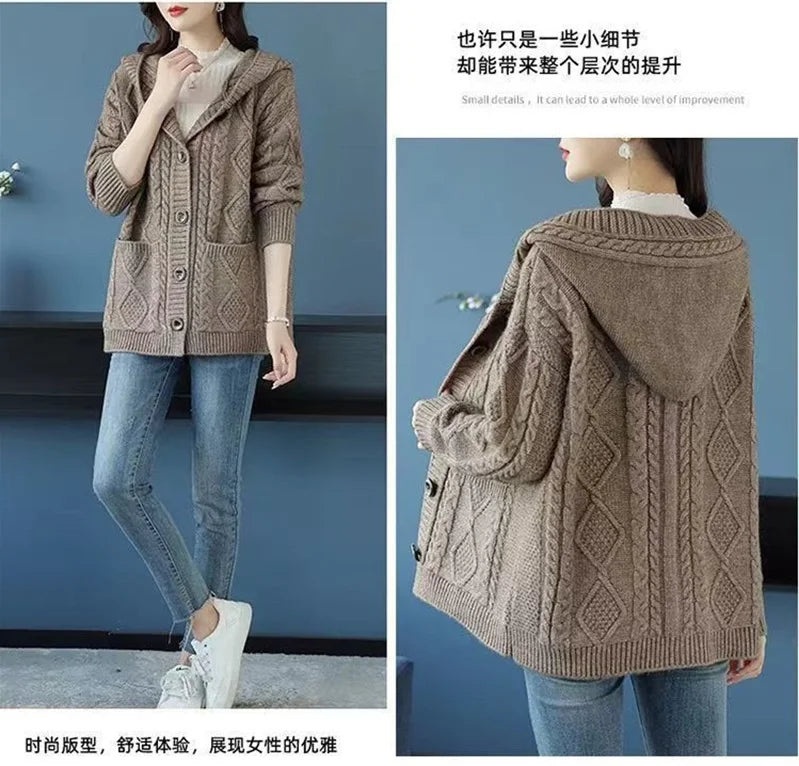 Hooded Sweater Spring And Autumn Mother Sweater Jacket Female Jacket 2023 New Loose Pocket Zipper Knitted Cardigan Mom HoodyCoat - reetell