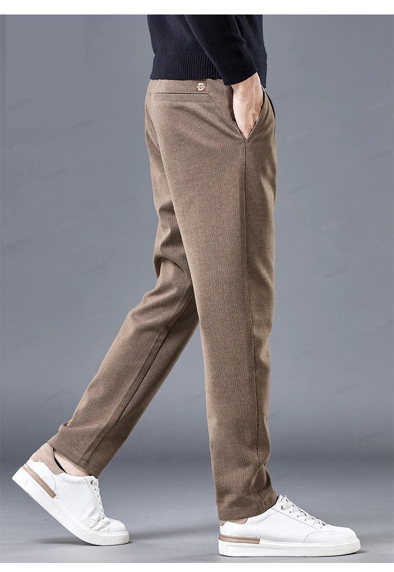 High Quality Autumn Winter Stripe Men's Suit Pants Elastic Waist Business Grey Stretch Thick Korea Office Formal Trousers Male - reetell