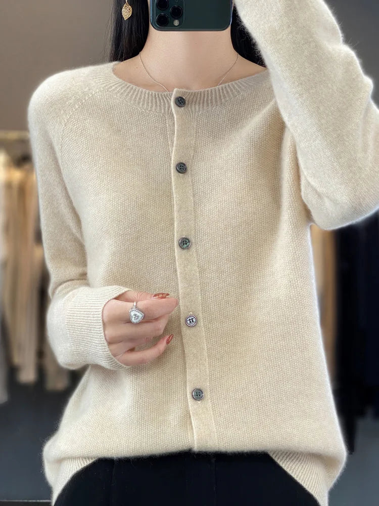 Fashion Women 100% Merino Wool Cardigans Cashmere Sweater Autumn Winter O-neck Long Sleeve Knitwear Female Basic Clothing Tops - reetell