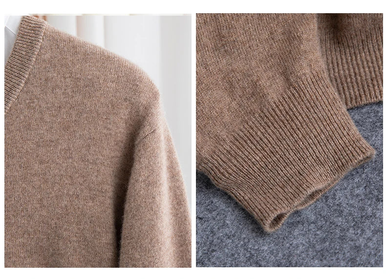 Men 100% Merino Wool Sweater V-Neck Pullover Autumn Winter Cashmere Warm Solid Knitwear Clothes Business Bottoming Soft Tops - reetell