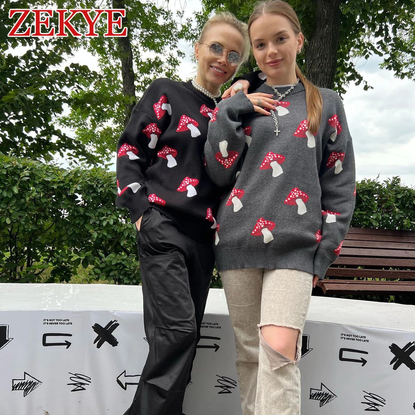 Zekye Mushroom Graphic Cute Black Sweaters Women Winter Loose Long Sleeve Knitwear Casual Basic Outwear Autumn Pullover Elegant - reetell