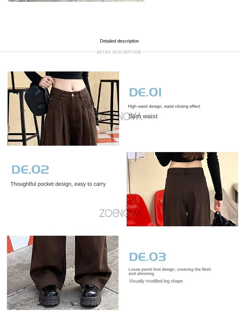 ZOENOVA Spring Autumn Korean New Fashion Dark Brown Women's Jeans Street Casual Wide Leg Pants Loose Straight Versatile Trousers - reetell