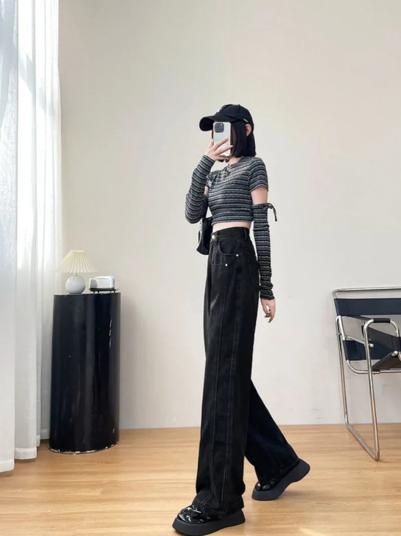 Spring Autumn Black Straight Solid Color Casual Loose Baggy Jeans Women High Waist Wide Leg Y2K Aesthetic Denim Pants Streetwear - reetell