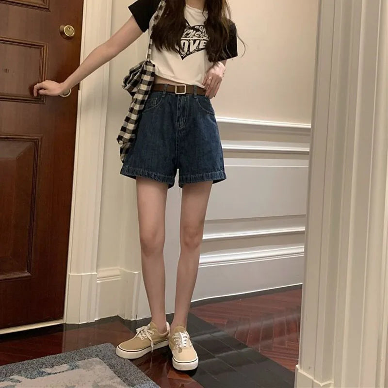 Lucyever High Waist Denim Shorts Women Summer New Washed Retro Jeans Shorts Female Korean Fashion Loose Wide Leg Short Pants - reetell