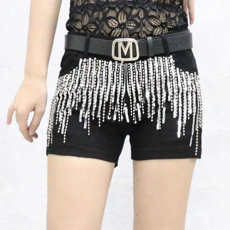 Black Sequins tassels Denim Shorts Women's Streetwear 2023 Summer New Korean Slim Chain Trend Hot Pants White Casual Short Jeans - reetell