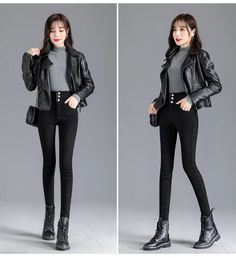 Thermal Winter Thick Fleece High-waist Warm Skinny Jeans Thick Women Stretch Button Pencil Pants Mom Casual Velvet Jeans - reetell