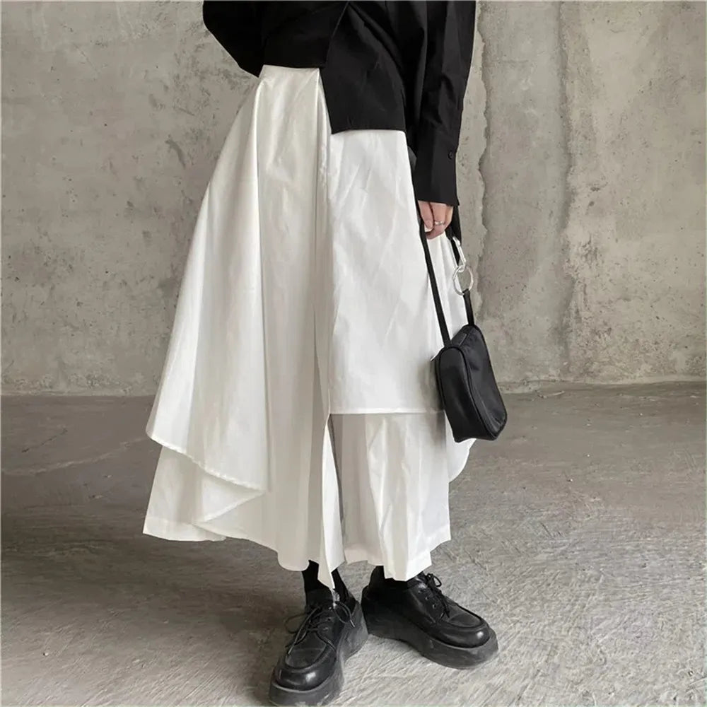 Gothic Frosty Irregular Skirts Pants Women High Waist Solid White Black Brown Long Pleated Skirts 2022 Korean Hip Hop Streetwear - reetell