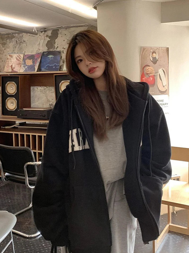 MEXZT Streetwear Zip Up Hoodies Women Oversized Letter Print Sweatshirt Harajuku Korean Plus Fleece Thick Casual All Match Tops - reetell