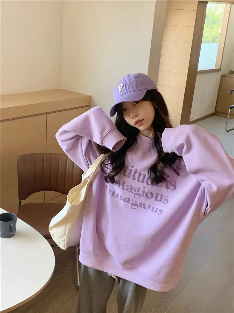 Fashion Solid Color Printing Letter Casual Sweatshirts Female Clothing 2023 Autumn Oversized Korean Tops All-match Sweatshirts - reetell