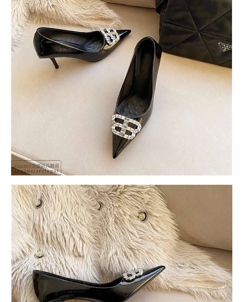 2024 New Pointed Black High Heels, Women's Thin Heels, Water Diamonds, One Line with Baotou Sandals and Button Single Shoes - reetell