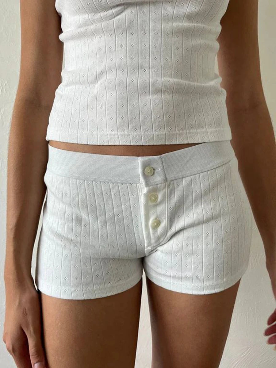 Eyelet Cotton Solid Home Boy Shorts Summer Three Buttons Patchwork Elastic Waist Straight Short Pant Sweet Cute Woman Underwear - reetell