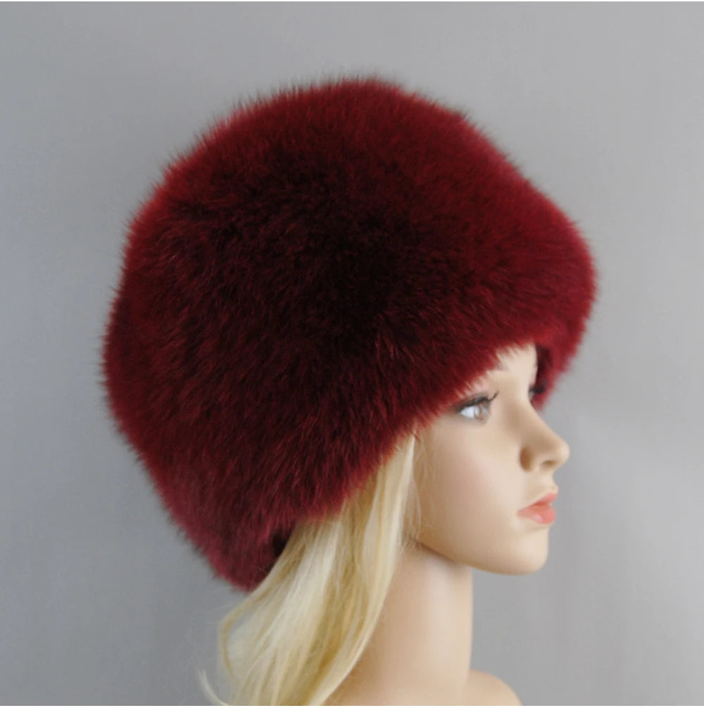 2024 Russian Style Female Round Cap Fashion Real Fur Hats Natural Fox Fur Women Winter Warm Bomber Hat Fluffy Popular Beanies - reetell