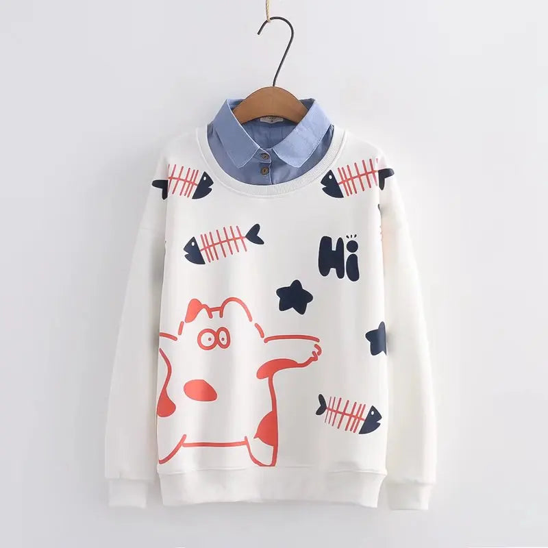 Hot Autumn Cute Fox Printing Hooded Sweatshirt Women Clothing Pullovers Plus Velvet Patchwork Female Sweet Thick Warm Hoodies - reetell