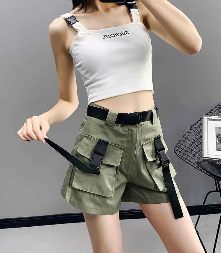 Boxer Women's Cargo Shorts with Pockets Female Short Pants Wide High Waist Korean Style Aesthetic Design Harajuku Fashion Cheap - reetell