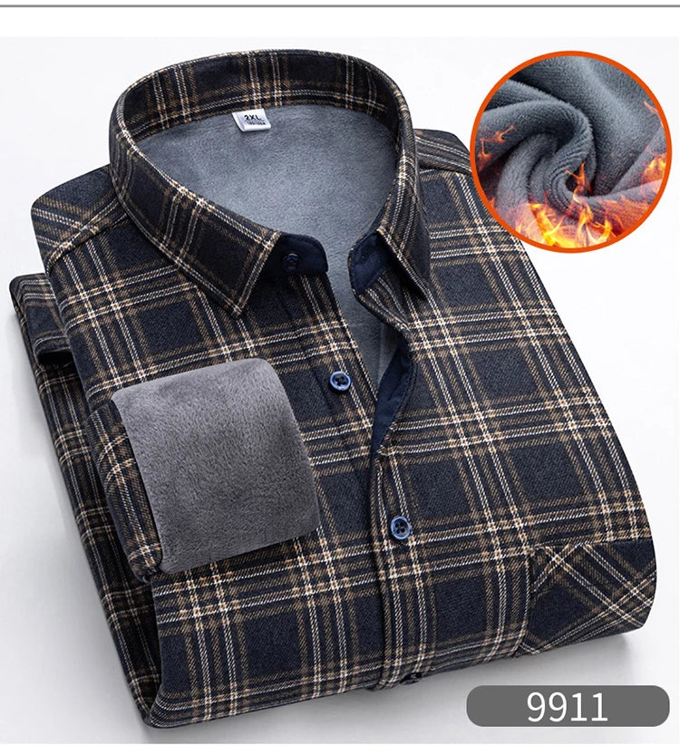 Autumn Winter Thicken Fleece Shirt Men Business Plaid Shirt Long Sleeve Warm Clothes Turn Down Collar Button Up Shirts Classic - reetell