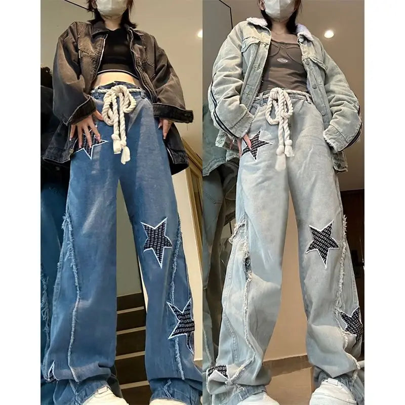 Star American Street Jeans Women's Large Retro Trendy Brand High Street Straight Pants - reetell