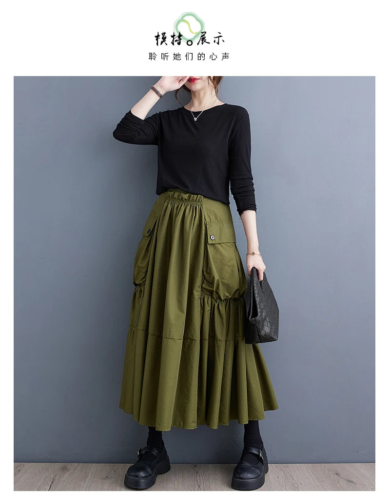 Oversized Spring Autumn Cargo Midi Skirt Women Elastic High Waist Fashion Ruffle Pleated Ladies Skirts Loose Casual Woman Skirt - reetell