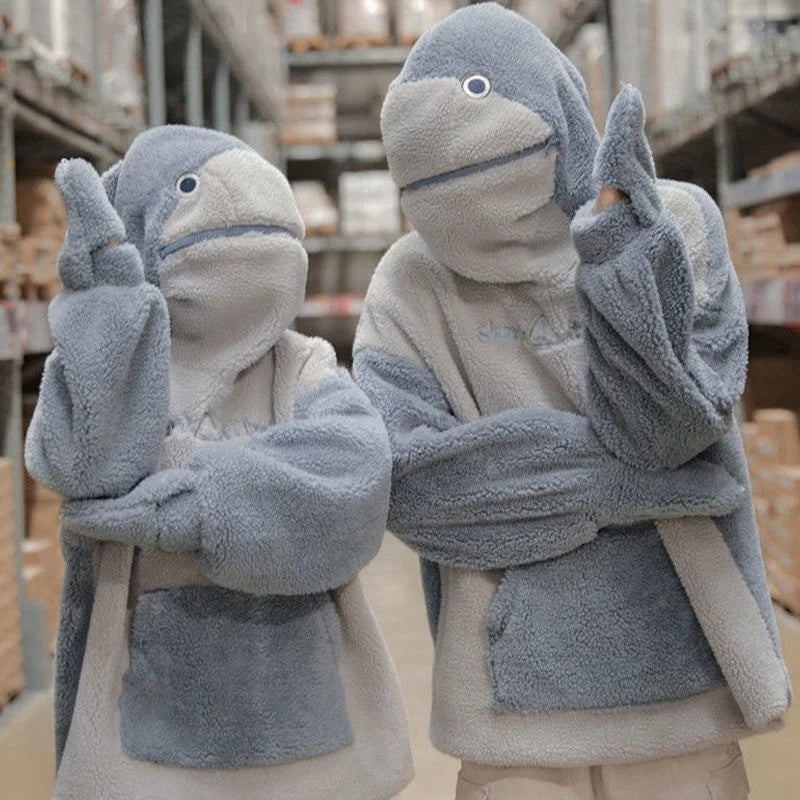 Cute Shark Shape Hoodies Couples Matching Women Kawaii Loose Tops Lambswool Zipper Hooded Sweatshirts Big Pockets Pullovers - reetell