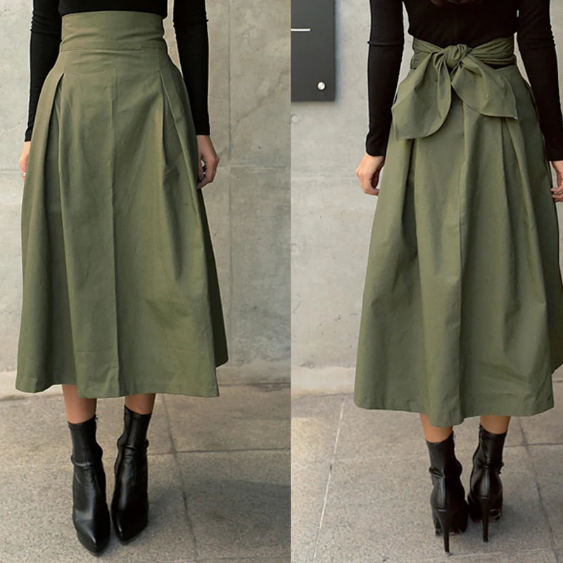 Skirts Womens Korean Fashion Solid Color Big Swing Ladies Skirt Long Skirt 2022 Autumn Wild High Waist Bow Slim Skirts - reetell