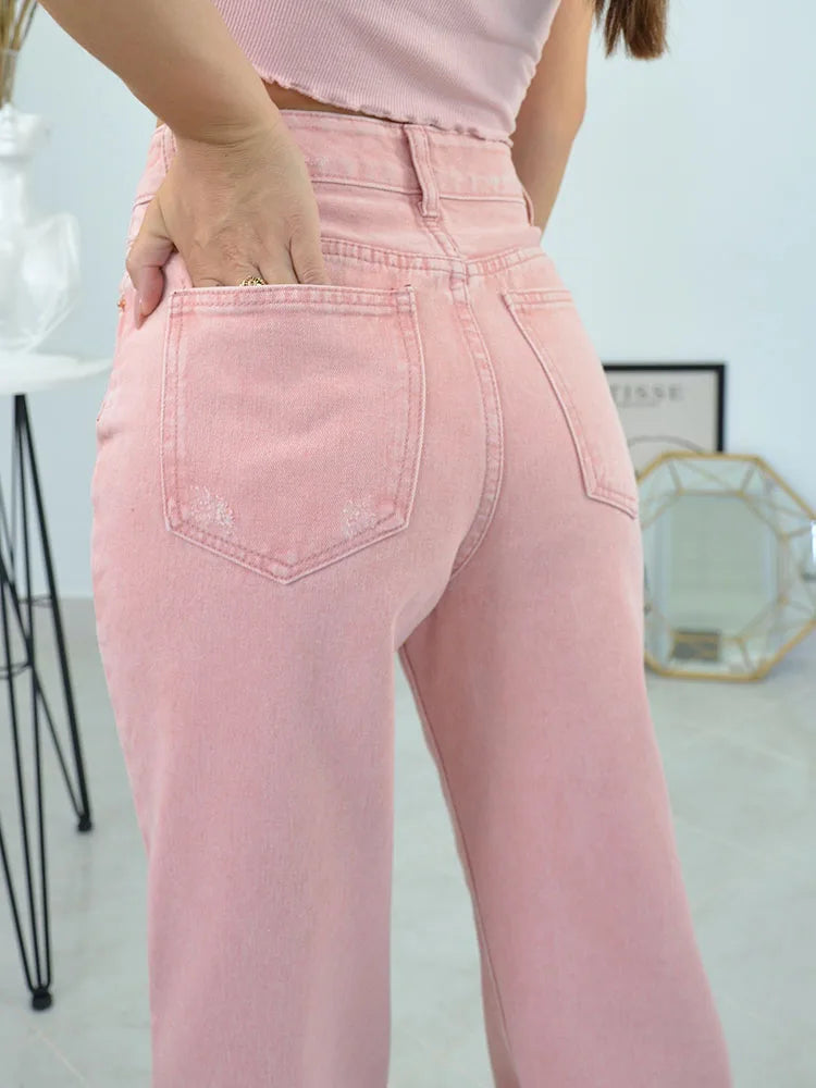 MiuKoMiYa Wide Leg Pink Jeans For Women High Waist Gray Full Denim Pants Straight Vintage Jean Women 2023 Fashion Denim Trousers - reetell