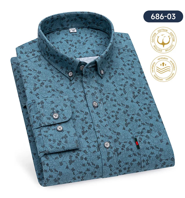 Fashion korean100%cotton casual long-sleeve shirts for men slim fit plain tops print designer vintage elegant clothes streetwear